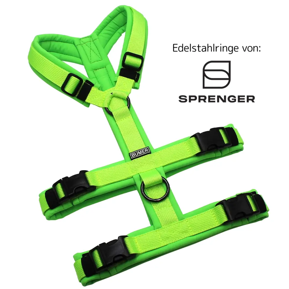 BUMER Sicherheitsgeschirr, gepolstert ohne geteilten Bruststeg, Größe S, Gurtband PREMIUM Neonlime, Softshell Neongrün, Ringe schwarz (Edelstahl), Schnallen schwarz (DURAFLEX®)