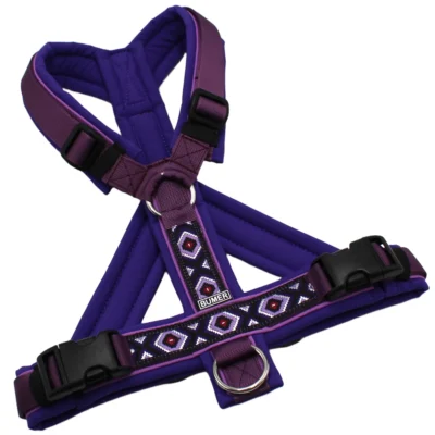 BUMER BOHO Hundegeschirr, Größe M, Gurtband: PREMIUM Lavender Luxe, Softshell: Lila Viola, Ringe: silberfarbig (Edelstahl), Schnallen: schwarz (DURAFLEX®), Paspel: Hortensien Lila (Komplett), Bruststeg: geteilt