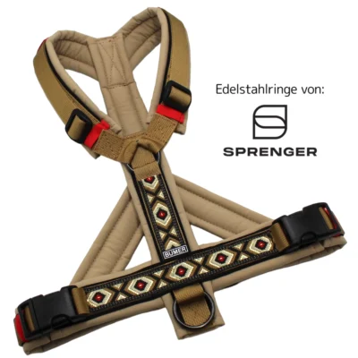 BUMER BOHO Hundegeschirr, Größe M/L, Gurtband: PREMIUM Golden Sand, Softshell: Sandgreige, Ringe: Schwarz (Edelstahl), Schnallen: schwarz (DURAFLEX®), Paspel: Schwarz (komplett)