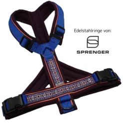 BUMER BOHO Hundegeschirr, Größe M/L, Gurtband PREMIUM Royal Saphire, Softshell Nachtschatten Violet, Ringe schwarz (Edelstahl), Schnallen schwarz (DURAFLEX®), Paspel Bubblegum (Komplett), Bruststeg geteilt, flach