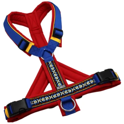 BUMER BOHO Hundegeschirr, Größe M/L, Gurtband: PREMIUM Royal Sapphire, Softshell: Rot, Ringe: silberfarbig (Edelstahl), Schnallen: schwarz (DURAFLEX®), Paspel: Sonnenblume (komplett), Bruststeg: geteilt, flach