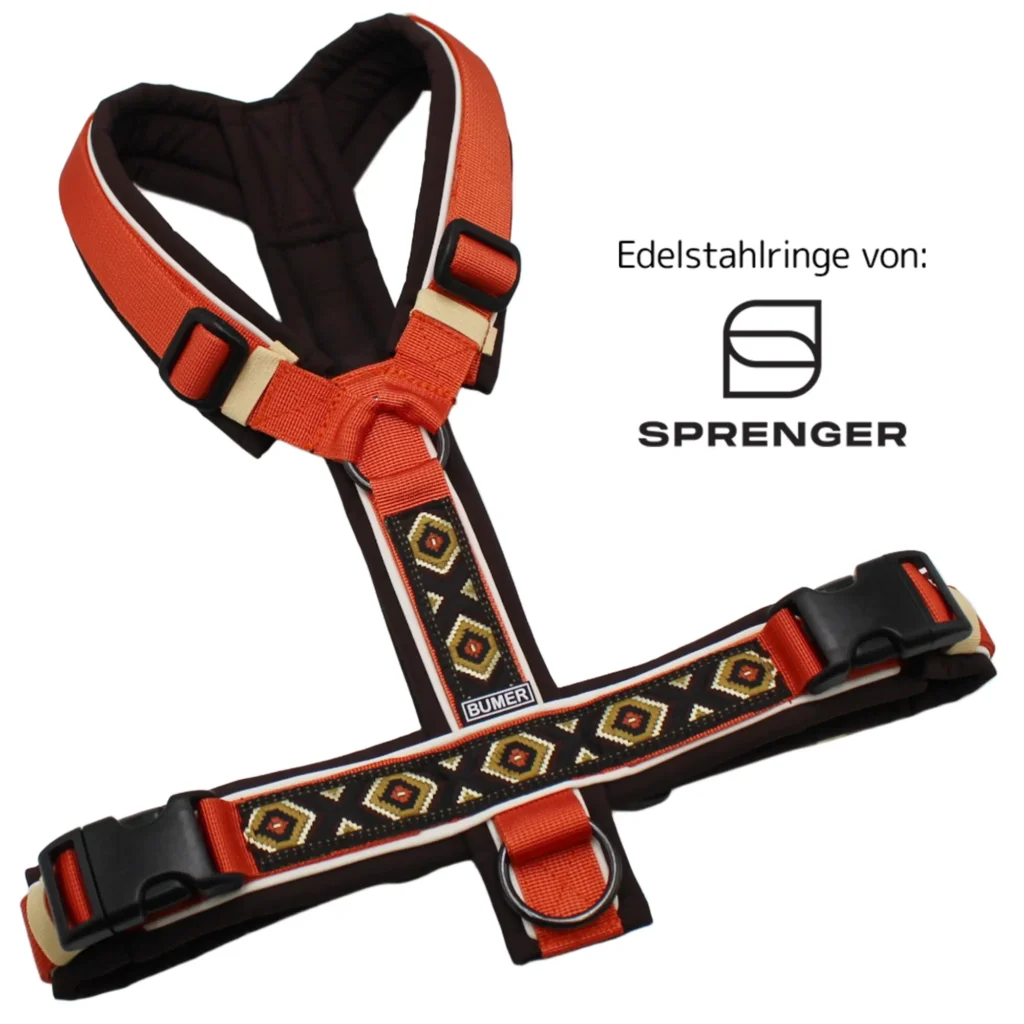 BUMER BOHO Hundegeschirr, Größe M/L, Gurtband PREMIUM Scarlett Essence, Softshell Antikbraun, Ringe schwarz (Edelstahl), Schnallen schwarz (DURAFLEX®), Paspel Champagne (komplett)