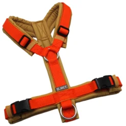 BUMER Hundegeschirr, Größe S, Gurtband: Orange, Softshell: Golden Nougat, Ringe: silberfarbig (Edelstahl), Schnallen: schwarz (DURAFLEX®), Paspel: Zimt Orange (komplett)