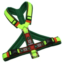 BUMER BOHO Hundegeschirr, Größe S/M, Gurtband PREMIUM Neonlime, Softshell Farngrün, Ringe silberfarbig (Edelstahl), Schnallen schwarz (DURAFLEX®), Paspel Rot (komplett), Bruststeg geteilt, flach