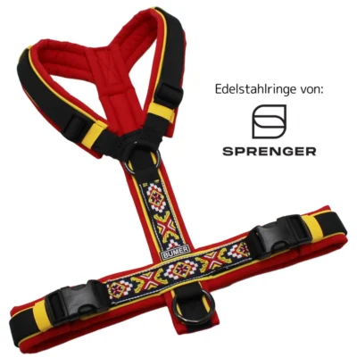 BUMER BOHO Hundegeschirr, Größe S/M, Gurtband: PREMIUM Pitch Black, Softshell: Rot, Ringe: schwarz (Edelstahl), Schnallen: schwarz (DURAFLEX®), Paspel: Sonnenblume (komplett)