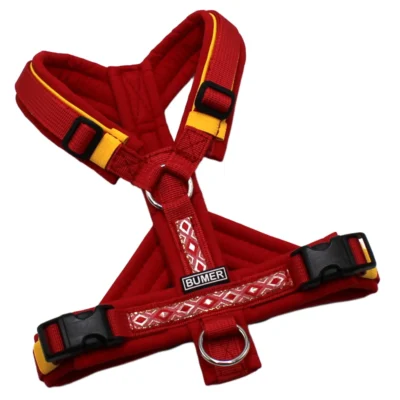 BUMER BOHO Hundegeschirr, Größe XXS/XS, Gurtband: PREMIUM Flammenrot, Softshell: Rot, Ringe: silberfarbig (Edelstahl), Schnallen: schwarz (DURAFLEX®), Paspel: Sonnegelb (komplett), Bruststeg: geteilt, flach