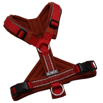 BUMER BOHO Hundegeschirr, Größe XXS/XS, Gurtband: PREMIUM Flammenrot, Softshell: Schokagoni, Ringe: silberfarbig (Edelstahl), Schnallen: schwarz (DURAFLEX®), Paspel: grau REFLEX (komplett), Bruststeg: geteilt, flach