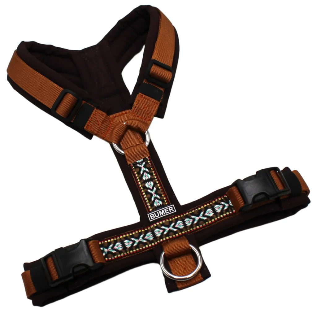 BUMER BOHO Hundegeschirr, gepolstert, GrößeS, Gurtband PREMIUM Copper Glow, Softshell Espresso, Ringe silberfarbig (Edelstahl), Schnallen schwarz (DURAFLEX®)