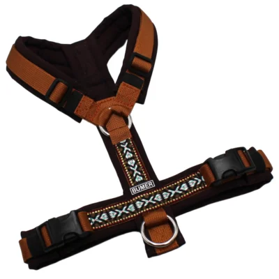BUMER BOHO Hundegeschirr, gepolstert, Größe S, Gurtband: PREMIUM Copper Glow, Softshell: Espresso, Ringe: silberfarbig (Edelstahl), Schnallen: schwarz (DURAFLEX®)