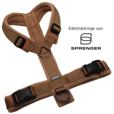 BUMER Hundegeschirr, Größe M, Gurtband: PREMIUM Caramel Rust, Fleece: Warm Taupe, Ringe: schwarz (Edelstahl), Schnallen: schwarz (DURAFLEX®), Gummi: Maplewood