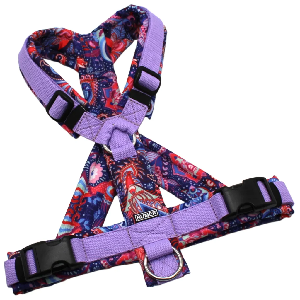 BUMER Hundegeschirr, Größe M, Gurtband PREMIUM X Violett Veil, OXFORD Folklore, Ringe silberfarbig (Edelstahl), Schnallen schwarz (DURAFLEX®), Applikation, Bruststeg geteilt