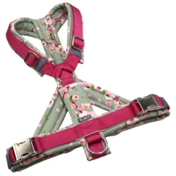 BUMER Hundegeschirr, Gr&ouml;&szlig;e M/L, Gurtband PREMIUM Himbeer Sorbet, Softshell Springs Awekening (Kirschbl&uuml;ten), Ringe silberfarbig (Edelstahl), Schnallen Metallschnalle, Paspel Ton in Ton (Komplett), Bruststeg geteilt, Applikation