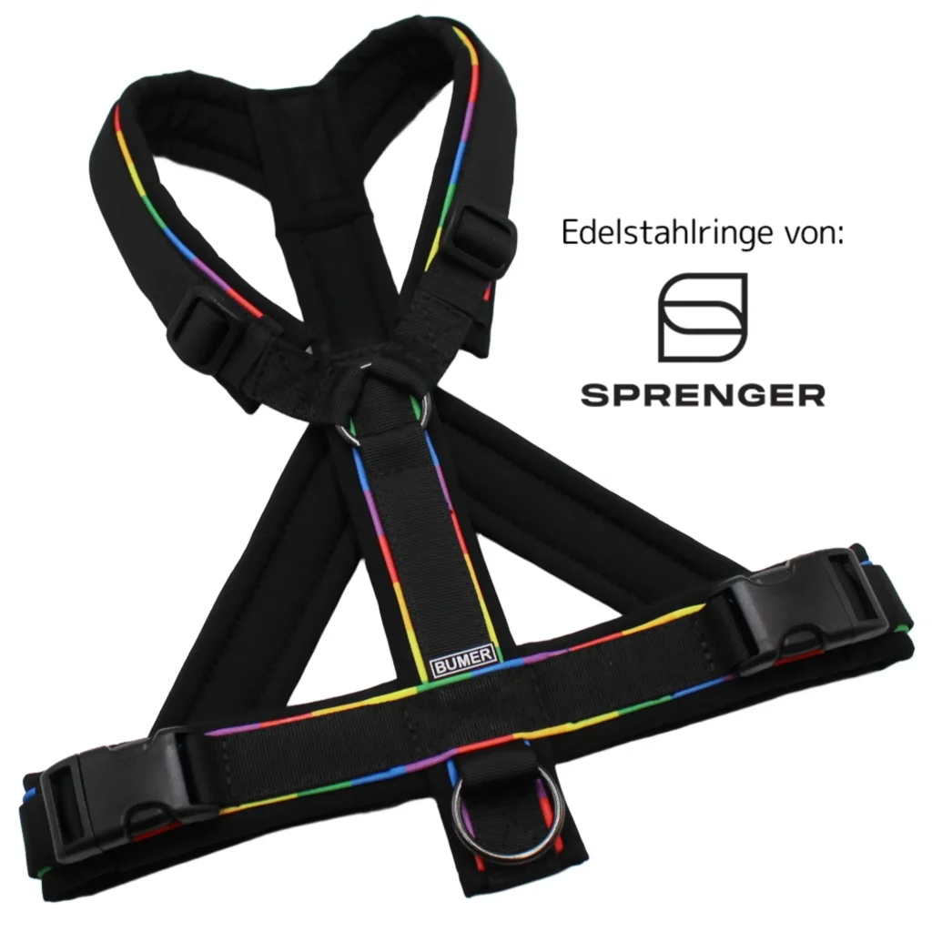 BUMER Hundegeschirr, Größe M/L, Gurtband PREMIUM Pitch Black, Softshell Schwarz, Ringe silberfarbig (Edelstahl), Schnallen schwarz (DURAFLEX®), Paspel Regenbogen (komplett)
