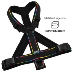 BUMER Hundegeschirr, Größe M/L, Gurtband PREMIUM Pitch Black, Softshell Schwarz, Ringe silberfarbig (Edelstahl), Schnallen schwarz (DURAFLEX®), Paspel Regenbogen (komplett)