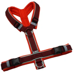 BUMER Hundegeschirr, Größe M/L, Gurtband PREMIUM X Bordeaux, Softshell Kürbisorange, Ringe silberfarbig (Edelstahl), Schnallen schwarz (DURAFLEX®), Paspel Jadenluft (komplett)