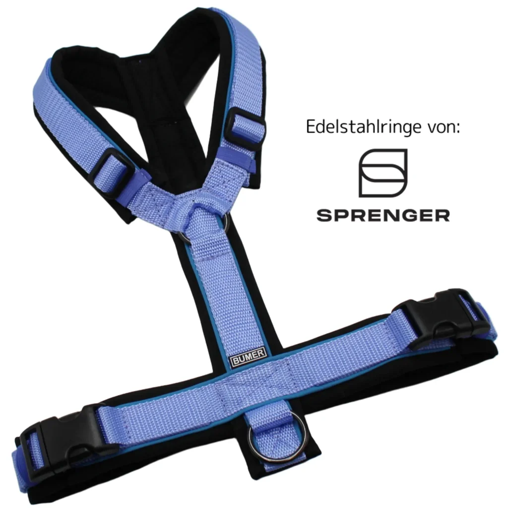 BUMER Hundegeschirr, Größe M/L, Gurtband: PREMIUM X Light Blue, Softshell: Schwarz, Ringe: schwarz (Edelstahl), Schnallen: schwarz (DURAFLEX®), Paspel: Eisvogelblau (komplett)