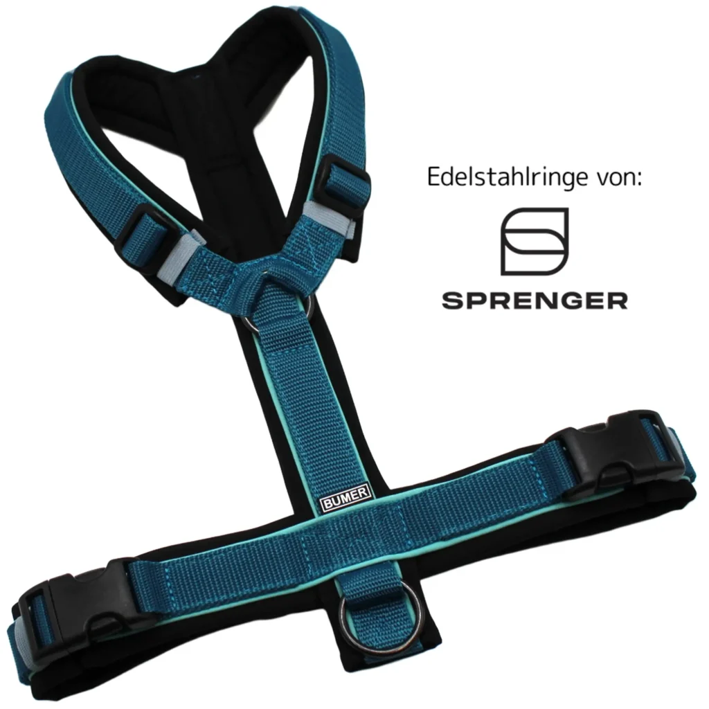 BUMER Hundegeschirr, Größe M/L, Gurtband Petrol-Grün (Standard PLUS), Softshell Schwarz, Ringe Schwarz (Edelstahl), Schnallen schwarz (DURAFLEX®), Paspel Minty Breeze (komplett)
