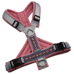 BUMER Hundegeschirr, Größe S, Gurtband PREMIUM Muschelgrau, Softshell Rosenquarz, Ringe silberfarbig (Edelstahl), Schnallen schwarz (DURAFLEX®), Paspel Nebelblau (komplett), Bruststeg geteilt, flach