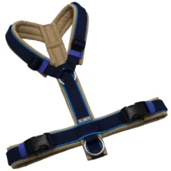 BUMER Hundegeschirr, Größe S/M, Gurtband Navy, Softshell Sandgreige, Ringe silberfarbig (Edelstahl), Schnallen schwarz (DURAFLEX®), Paspel Eisvogelblau (komplett)