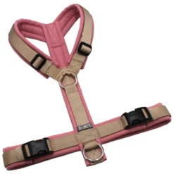 BUMER Hundegeschirr, Größe S/M, Gurtband PREMIUM Soft Beige, Softshell Rosenquarz, Ringe silberfarbig (Edelstahl), Schnallen schwarz (DURAFLEX®)