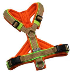 BUMER Hundegeschirr, Größe XXS/XS, Gurtband Beige (Standard PLUS), Softshell Naranjada, Ringe silberfarbig (Edelstahl), Schnallen schwarz (DURAFLEX®), Paspel Neongrün (komplett), Bruststeg geteilt, flach