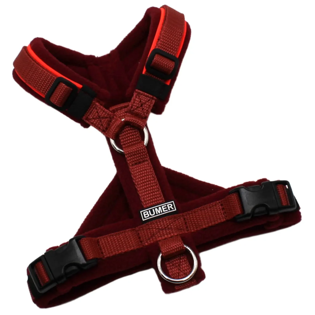 BUMER Hundegeschirr, Größe XXS/XS, Gurtband Hellbordeaux, Fleece Burgundy Dusk, Ringe silberfarbig (Edelstahl), Schnallen schwarz (DURAFLEX®), Paspel Neonrot, Bruststeg geteilt (flach)