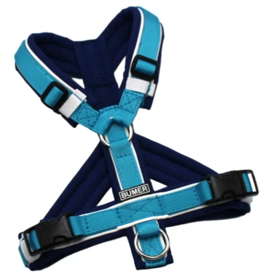BUMER Hundegeschirr, Größe XXS/XS, Gurtband: PREMIUM Blue Lagoon, Softshell: Twilight Blau, Ringe: silberfarbig (Edelstahl), Schnallen: schwarz (DURAFLEX®), Paspel: Weiss (komplett), Bruststeg: geteilt, flach