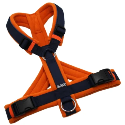 BUMER Hundegeschirr, Größe M/L, Gurtband: PREMIUM Midnight Indigo, Fleece: Honey Bronze, Ringe: silberfarbig (Edelstahl), Schnallen: schwarz (DURAFLEX®), Paspel: Mattblau, Bruststeg: geteilt (flach)