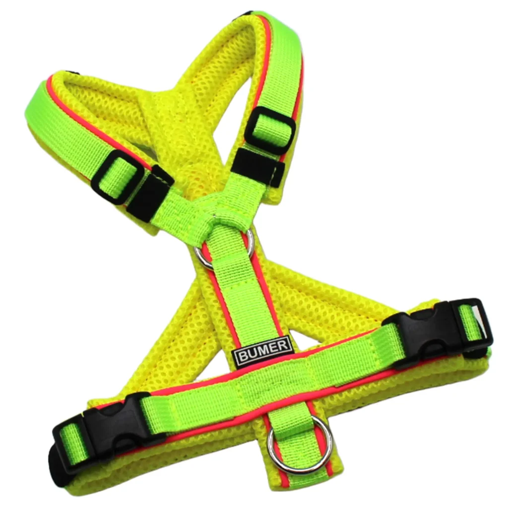 BUMER Hundegeschirr, Größe XXS/XS, Gurtband PREMIUM Neonlime, MESH Neongelb, Ringe silberfarbig (Edelstahl), Schnallen schwarz (DURAFLEX®), Paspel Neonpink (komplett), Bruststeg geteilt (flach)