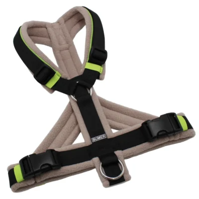 BUMER Hundegeschirr, Größe L, Gurtband: PREMIUM Pitch Black, Fleece: Desert Taupe, Ringe: silberfarbig (Edelstahl), Schnallen: schwarz (DURAFLEX®), Paspel: Lime, Bruststeg: geteilt (flach)