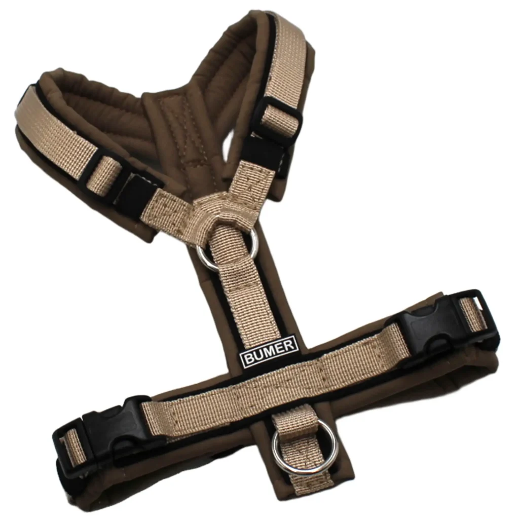 BUMER Hundegeschirr, Größe XXS/XS, Gurtband PREMIUM Soft Beige, Softshell Pumpseed Taupe, Ringe silberfarbig (Edelstahl), Schnallen schwarz (DURAFLEX®), Paspel Schwarz (komplett)