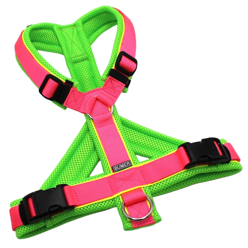 BUMER Hundegeschirr, Größe XXS/XS, Gurtband PREMIUM Vibrant Magenta, MESH Neongrün, Ringe silberfarbig (Edelstahl), Schnallen schwarz (DURAFLEX®), Paspel Neongelb (komplett), Bruststeg geteilt (flach)