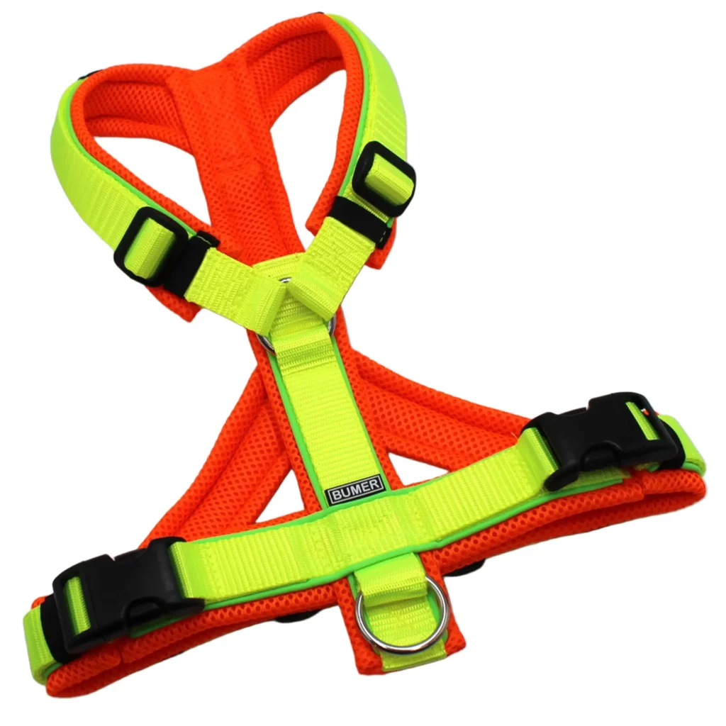BUMER Hundegeschirr, Größe XXS/XS, Gurtband PREMIUM X Neongelb, MESH Neonorange, Ringe silberfarbig (Edelstahl), Schnallen schwarz (DURAFLEX®), Paspel Neongrün (komplett), Bruststeg geteilt (flach)