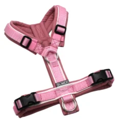 BUMER Hundegeschirr, Größe XXS/XS, Gurtband PREMIUM X Rosenzart, Softshell Rosenquarz, Ringe silberfarbig (Edelstahl), Schnallen schwarz (DURAFLEX®), Paspel Weiss (komplett)