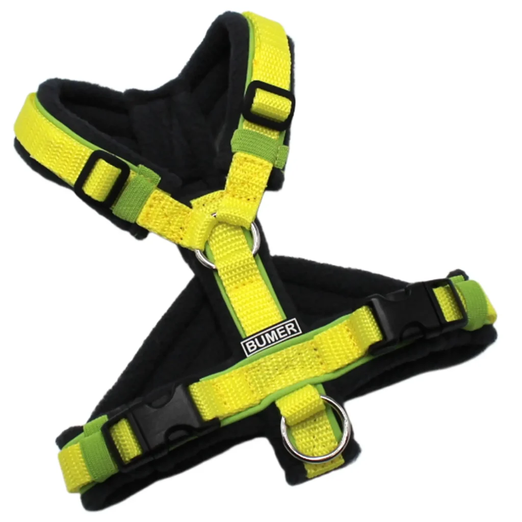 BUMER Hundegeschirr, Größe XXS/XS, Gurtband PREMIUM X Zitrinzauber, Fleece Graphit, Ringe silberfarbig (Edelstahl), Schnallen schwarz (DURAFLEX®), Paspel Lime (komplett), Bruststeg geteilt (flach)