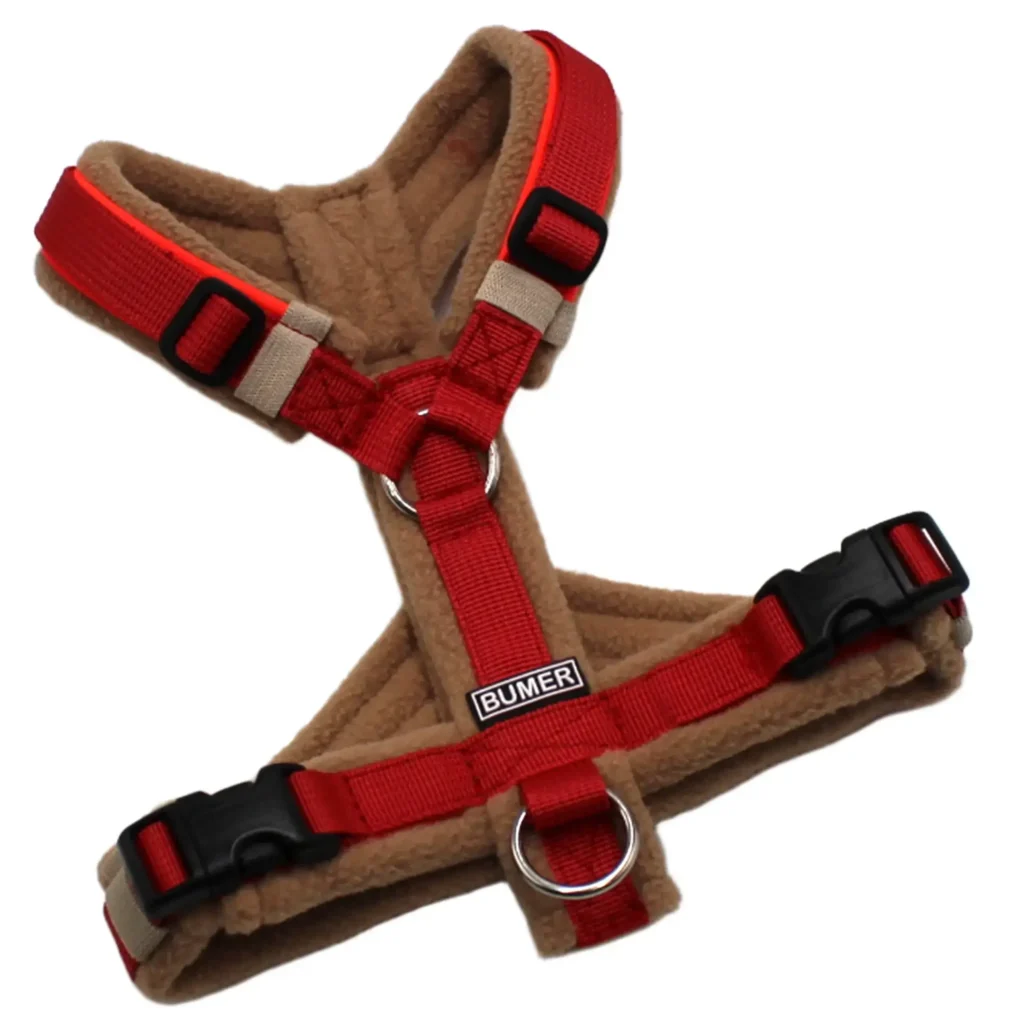 BUMER Hundegeschirr, Gurtband PREMIUM Flammenrot, Fleece Warm Taupe, Ringe silberfarbig (Edelstahl), Schnallen schwarz (DURAFLEX®), Bruststeg geteilt (flach)