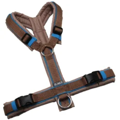 BUMER Hundegeschirr, OXFORD BR1155, Größe S/M, Gurtband PREMIUM X Hellbraun, Ringe silberfarbig (Edelstahl), Schnallen schwarz (DURAFLEX®), Paspel Himmelblau (komplett)