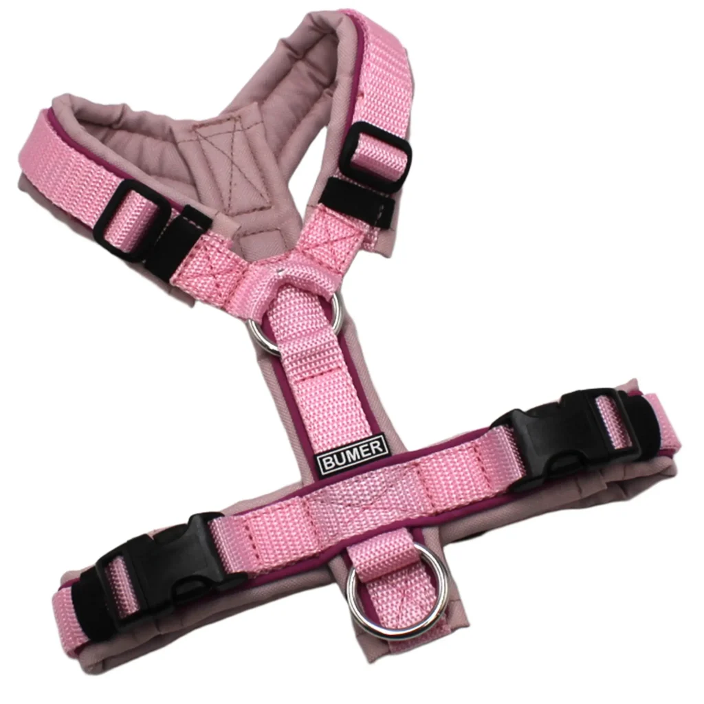 BUMER Hundegeschirr, OXFORD MA2003, Größe XS/S, Gurtband PREMIUM X Rosenzart, Ringe silberfarbig (Edelstahl), Schnallen schwarz (DURAFLEX®), Paspel Feigen Magenta (komplett)