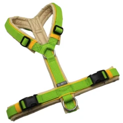 BUMER Hundegeschirr, OXFORD Sandbeige, Größe S/M, Gurtband PREMIUM X Kiwi Kiss, Ringe silberfarbig (Edelstahl), Schnallen schwarz (DURAFLEX®), Paspel Sonnenblume (komplett)