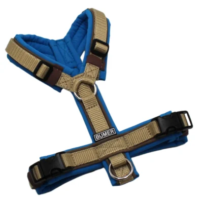 BUMER Hundegeschirr, Softshell: Eisvogelblau, Größe XXS/XS, Gurtband: Hellsand, Ringe: silberfarbig (Edelstahl), Schnallen: schwarz (DURAFLEX®), Paspel: Pumpseed Taupe (komplett)