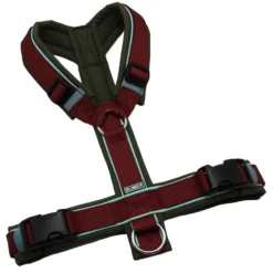 BUMER Hundegeschirr, Softshell Olive, Größe M, Gurtband PREMIUM X Bordeaux, Ringe silberfarbig (Edelstahl), Schnallen schwarz (DURAFLEX®), Paspel Jadenluft (komplett)