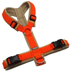 BUMER Hundegeschirr, Softshell Sandgreige, Größe M, Gurtband PREMIUM Orange, Ringe silberfarbig (Edelstahl), Schnallen schwarz (DURAFLEX®), Paspel Zimt Orange (komplett)