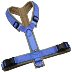 BUMER Hundegeschirr, Softshell Sandgreige, Größe M/L, Gurtband PREMIUM X Light Blue, Ringe silberfarbig (Edelstahl), Schnallen schwarz (DURAFLEX®), Paspel Himmelblau (komplett)