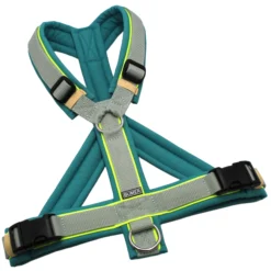 BUMER Hundegeschirr, Softshell Türkis Twirl, Größe M/L, Gurtband Helles Salbei, Ringe silberfarbig (Edelstahl), Schnallen schwarz (DURAFLEX®), Paspel Neongelb (komplett)