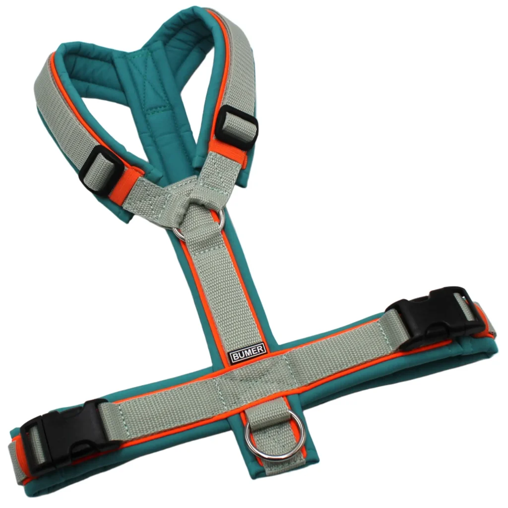 BUMER Hundegeschirr, Softshell Türkis Twirl, Größe M/L, Gurtband Helles Salbei, Ringe silberfarbig (Edelstahl), Schnallen schwarz (DURAFLEX®), Paspel Neonorange (komplett)