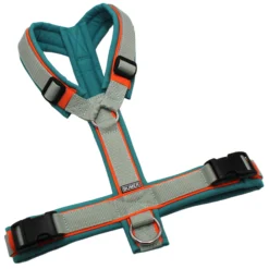 BUMER Hundegeschirr, Softshell Türkis Twirl, Größe M/L, Gurtband Helles Salbei, Ringe silberfarbig (Edelstahl), Schnallen schwarz (DURAFLEX®), Paspel Neonorange (komplett)