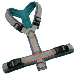 BUMER Hundegeschirr, Softshell Türkis Twirl, Größe S/M, Gurtband Helles Salbei, Ringe silberfarbig (Edelstahl), Schnallen schwarz (DURAFLEX®), Paspel Neonpink (komplett)