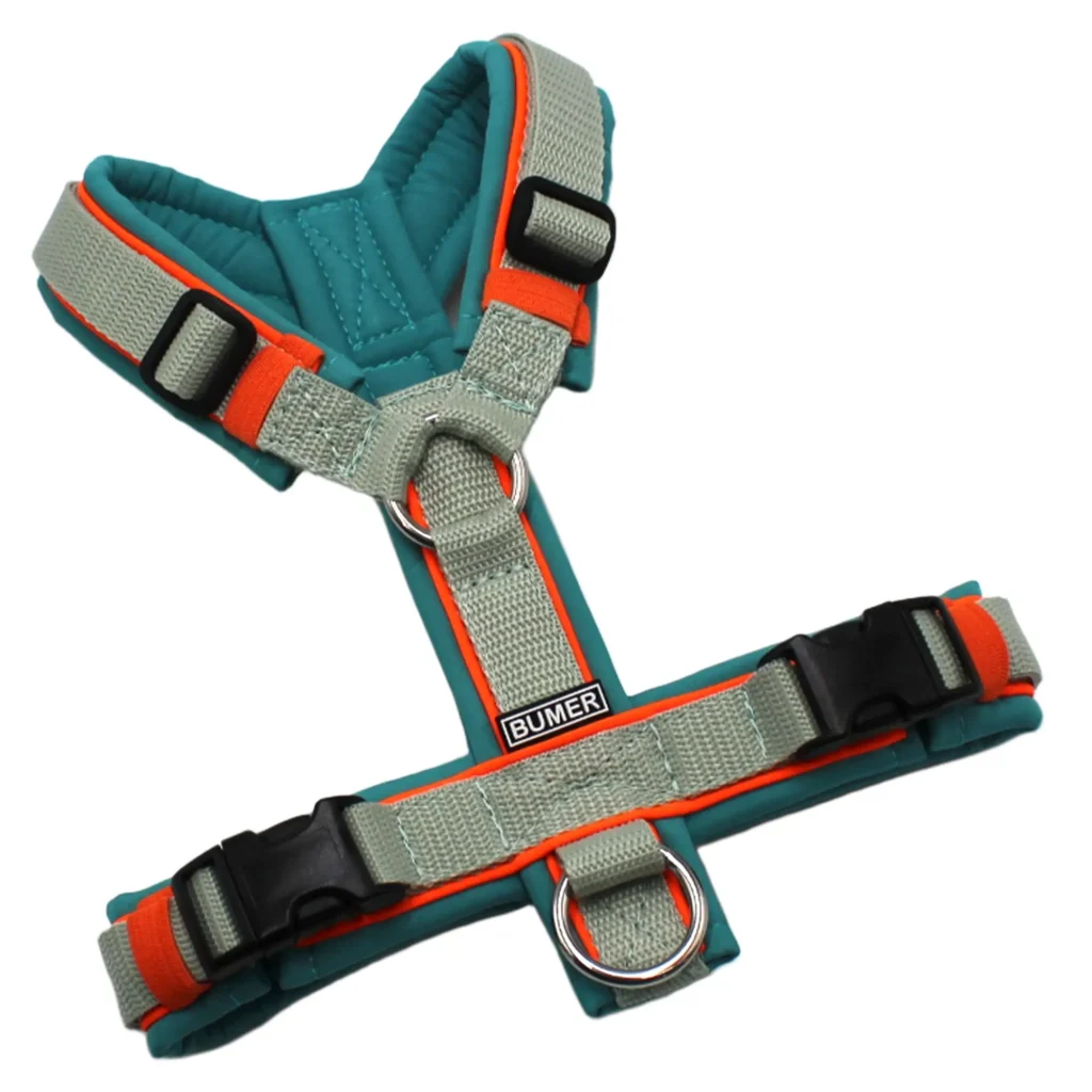 BUMER Hundegeschirr, Softshell Türkis Twirl, Größe XS, Gurtband Helles Salbei, Ringe silberfarbig (Edelstahl), Schnallen schwarz (DURAFLEX®), Paspel Neonorange (komplett)