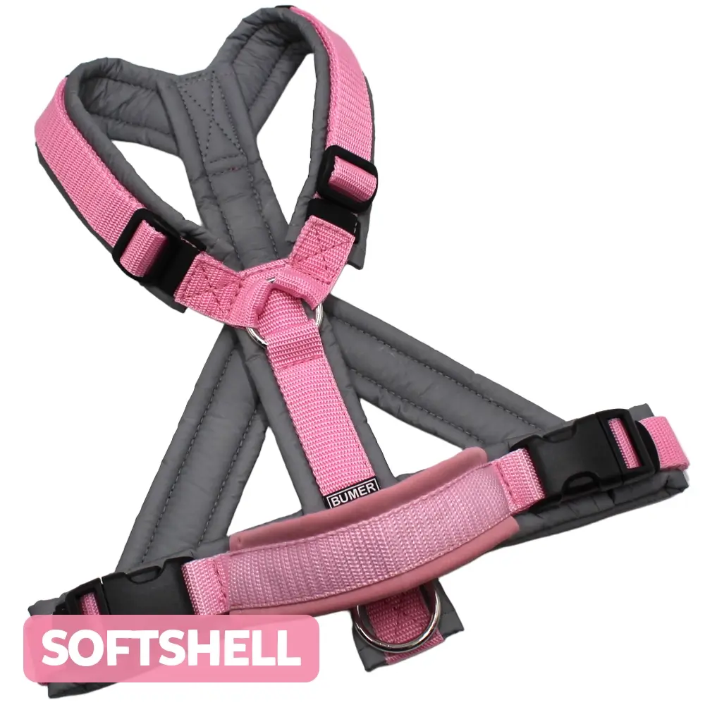 BUMER Hundegeschirr, gepolstert, Größe M, Gurtband Hellpink, Softshell REFLEX, Ringe silberfarbig (Edelstahl), Schnallen schwarz (DURAFLEX®), geteilter Bruststeg, Haltegriff