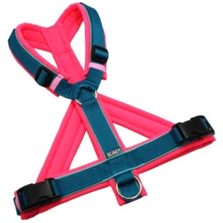 BUMER Hundegeschirr, gepolstert, Größe M/L, Gurtband PREMIUM X Petrol, Softshell Neonpink, Ringe silberfarbig (Edelstahl), Schnallen schwarz (DURAFLEX®), Paspel Minty Breeze (komplett)